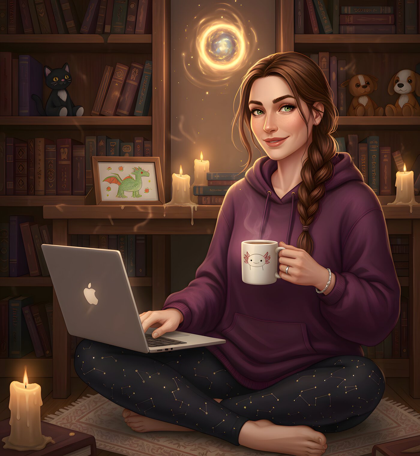 Illustrated portrait of Kassandra in a hoodie with a coffee mug, sitting cross-legged with a laptop in a candlelit library